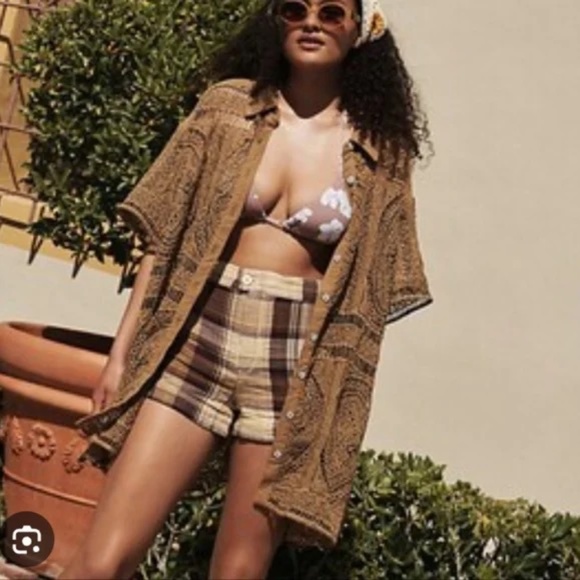 Free People All Things Sweet women's Crochet Button Down Shirt M Boho Oversized - Picture 1 of 13